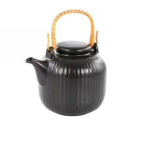 1.2 Quart Black Stoneware Teapot Kettle with Rattan Handle