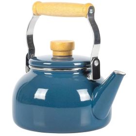 1.5 Qt. Steel Teapot Kettle w/ Blue White Glossy Enamel Coating and Wood Handle