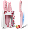 Kitchen Knife Set, Caliamary Pink Flower 6PC Stainless Steel Sharp Chef Knife Set with Acrylic Stand, Cooking Non-slip Knife Set with Block, Non-stick