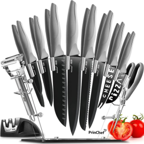 PrinChef Knife Set, 19 Pcs Rust Proof Knives Set for Kitchen, with Acrylic Stand, Sharpener, Scissors and Peeler, Stainless Steel knife sets with Blac