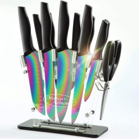 Rainbow Knife Set,Marco Almond KYA35 14 PCS Kitchen Knife Set,Titanium Coating for Anti-rusting, Super Sharp Cutlery Knife Set with Acrylic Stand,Stai