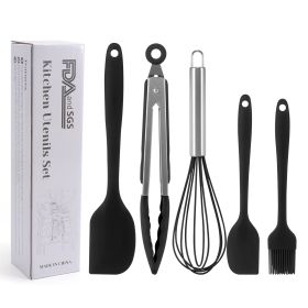 Silicone Cook Utensils;  5 Piece Kitchen Cooking Set;  Includes Large Spatula;  Small Spatula;  Grease Brush;  Food Clamp;  Whisk (Color: black)