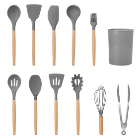 11Pcs Silicone Cooking Utensil Set Heat Resist Wooden Handle Silicone Spatula Turner Ladle Spaghetti Server Tongs (Option: ColorGrey)