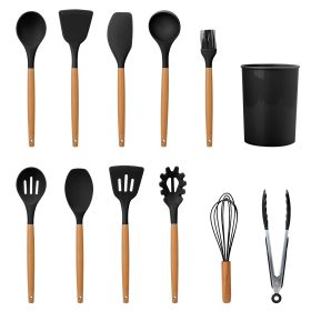 11Pcs Silicone Cooking Utensil Set Heat Resist Wooden Handle Silicone Spatula Turner Ladle Spaghetti Server Tongs (Option: colorBlack)