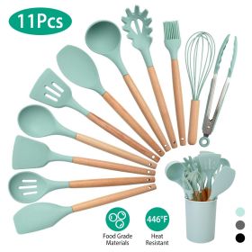 11Pcs Silicone Cooking Utensil Set Heat Resist Wooden Handle Silicone Spatula Turner Ladle Spaghetti Server Tongs (Option: ColorLightGreen)