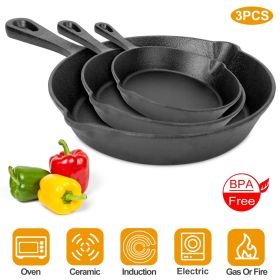 3Pcs Pre-Seasoned Cast Iron Skillet Set 6/8/10in Non-Stick Oven Safe Cookware Heat-Resistant Frying Pan (Option: colorBlack)