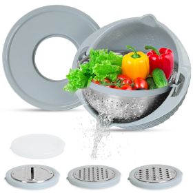 Multifunctional Mixing Bowl with Lid Set 3 Replaceable Graters Food Strainer and Colander Fruit Vegetable Washing Basket Stainless Steel (Option: ColorBlue)